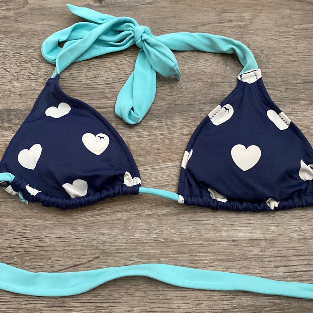 Victoria’s Secret Pink Triangle Bikini Top Dog Heart Print Y2k Blue White